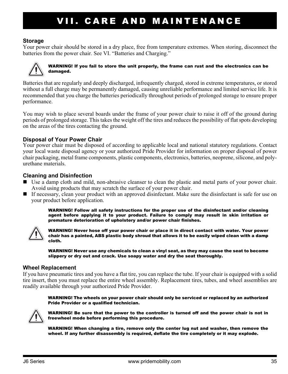 Vii. care and maintenance | Pride Mobility J6 2S User Manual | Page 35 / 44