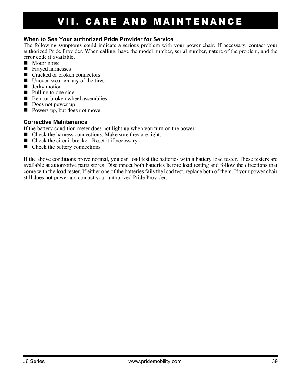 Vii. care and maintenance | Pride Mobility J6 2S User Manual | Page 39 / 44