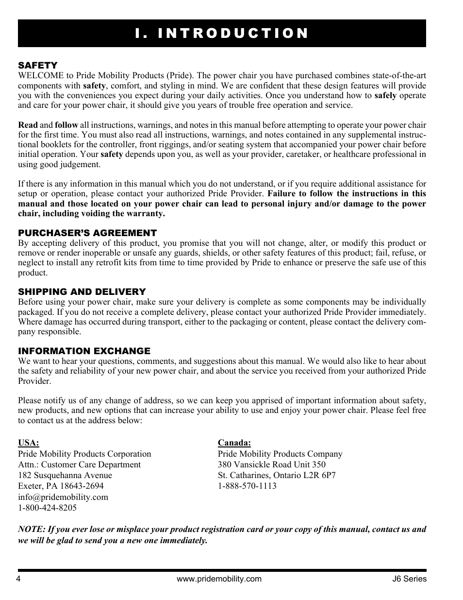 I. introduction | Pride Mobility J6 2S User Manual | Page 4 / 44