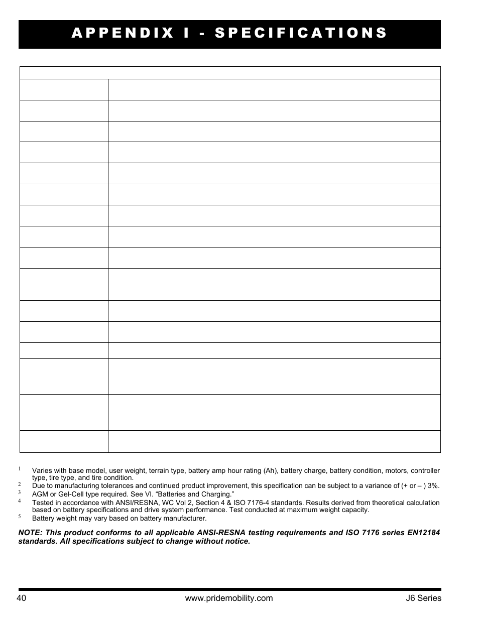Appendix i - specifications, J6 specifications | Pride Mobility J6 2S User Manual | Page 40 / 44