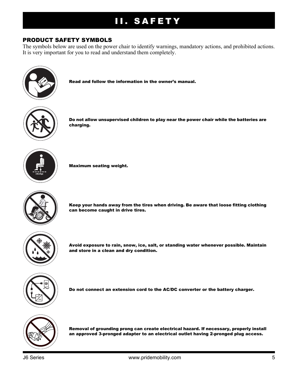 Ii. safety | Pride Mobility J6 2S User Manual | Page 5 / 44