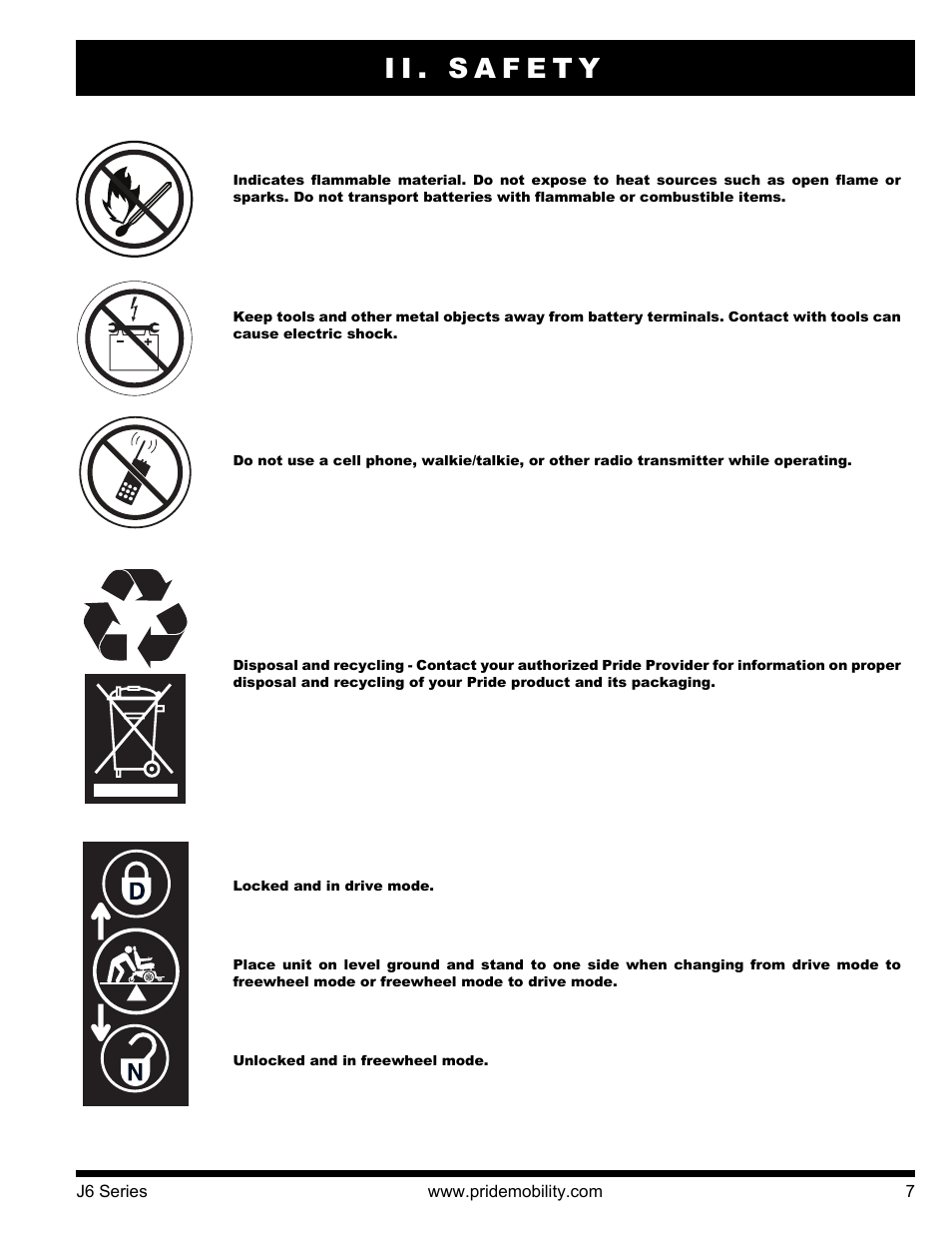 Ii. safety | Pride Mobility J6 2S User Manual | Page 7 / 44