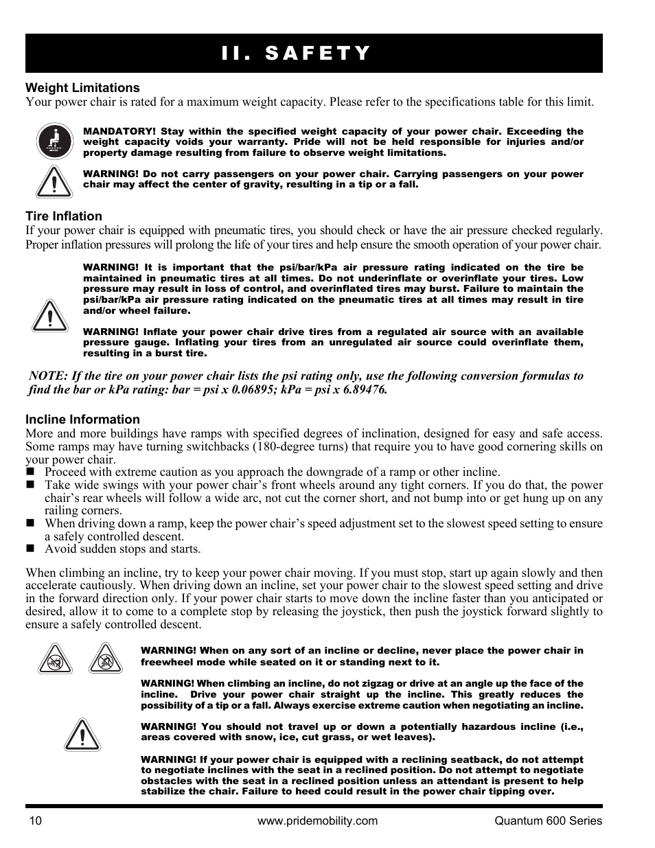 Ii. safety | Pride Mobility QUANTUM 600 SP User Manual | Page 10 / 43