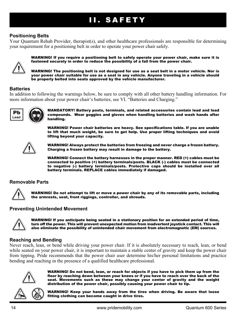 Ii. safety | Pride Mobility QUANTUM 600 SP User Manual | Page 14 / 43