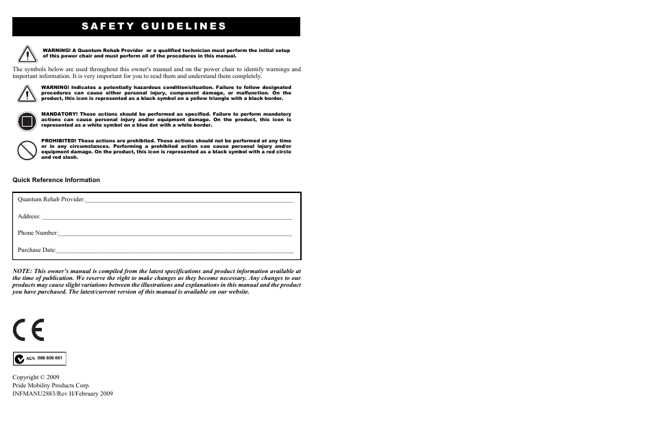 Pride Mobility QUANTUM 600 SP User Manual | Page 2 / 43