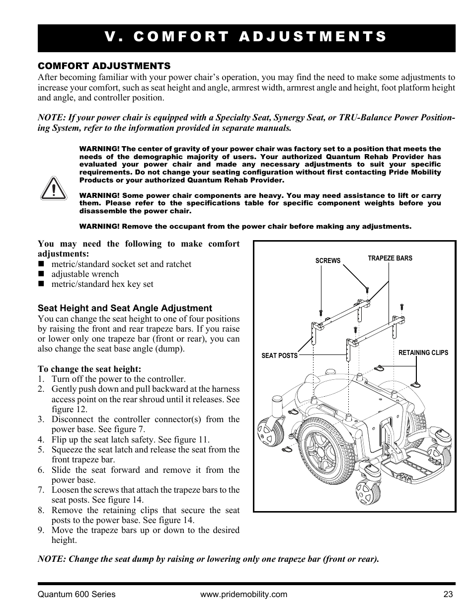 V. comfort adjustments | Pride Mobility QUANTUM 600 SP User Manual | Page 23 / 43