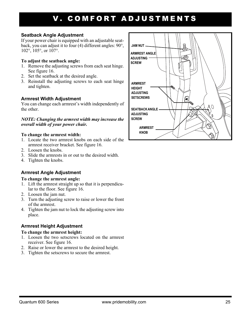 V. comfort adjustments | Pride Mobility QUANTUM 600 SP User Manual | Page 25 / 43