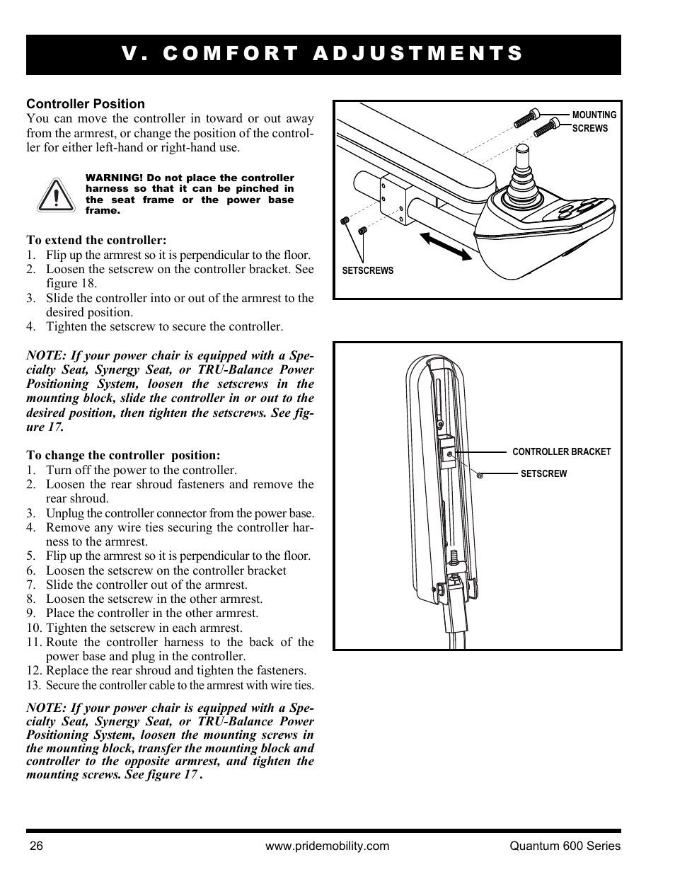 V. comfort adjustments | Pride Mobility QUANTUM 600 SP User Manual | Page 26 / 43