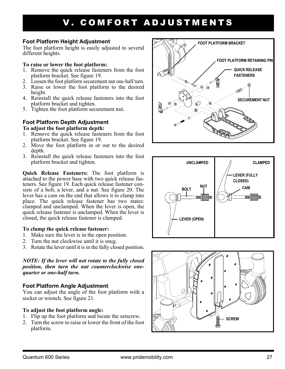 V. comfort adjustments | Pride Mobility QUANTUM 600 SP User Manual | Page 27 / 43