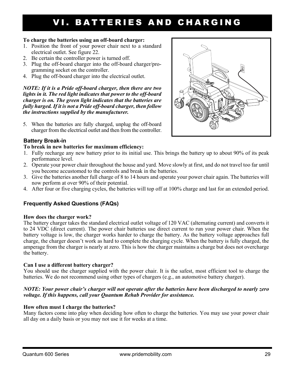 Vi. batteries and charging | Pride Mobility QUANTUM 600 SP User Manual | Page 29 / 43