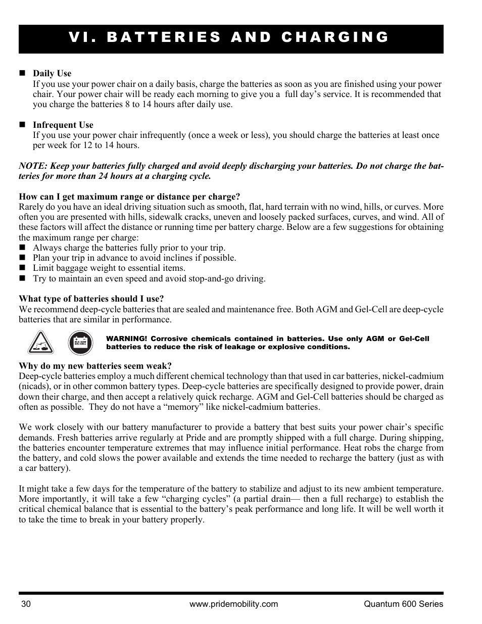 Vi. batteries and charging | Pride Mobility QUANTUM 600 SP User Manual | Page 30 / 43