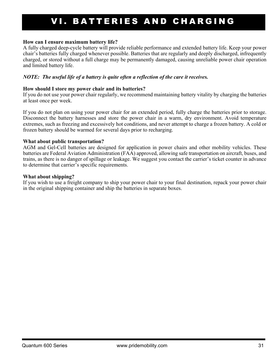 Vi. batteries and charging | Pride Mobility QUANTUM 600 SP User Manual | Page 31 / 43