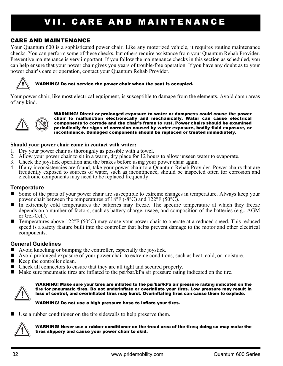 Vii. care and maintenance | Pride Mobility QUANTUM 600 SP User Manual | Page 32 / 43