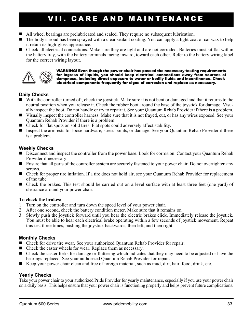 Vii. care and maintenance | Pride Mobility QUANTUM 600 SP User Manual | Page 33 / 43