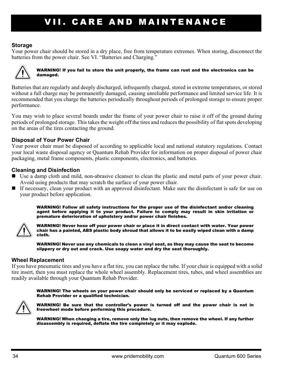 Vii. care and maintenance | Pride Mobility QUANTUM 600 SP User Manual | Page 34 / 43