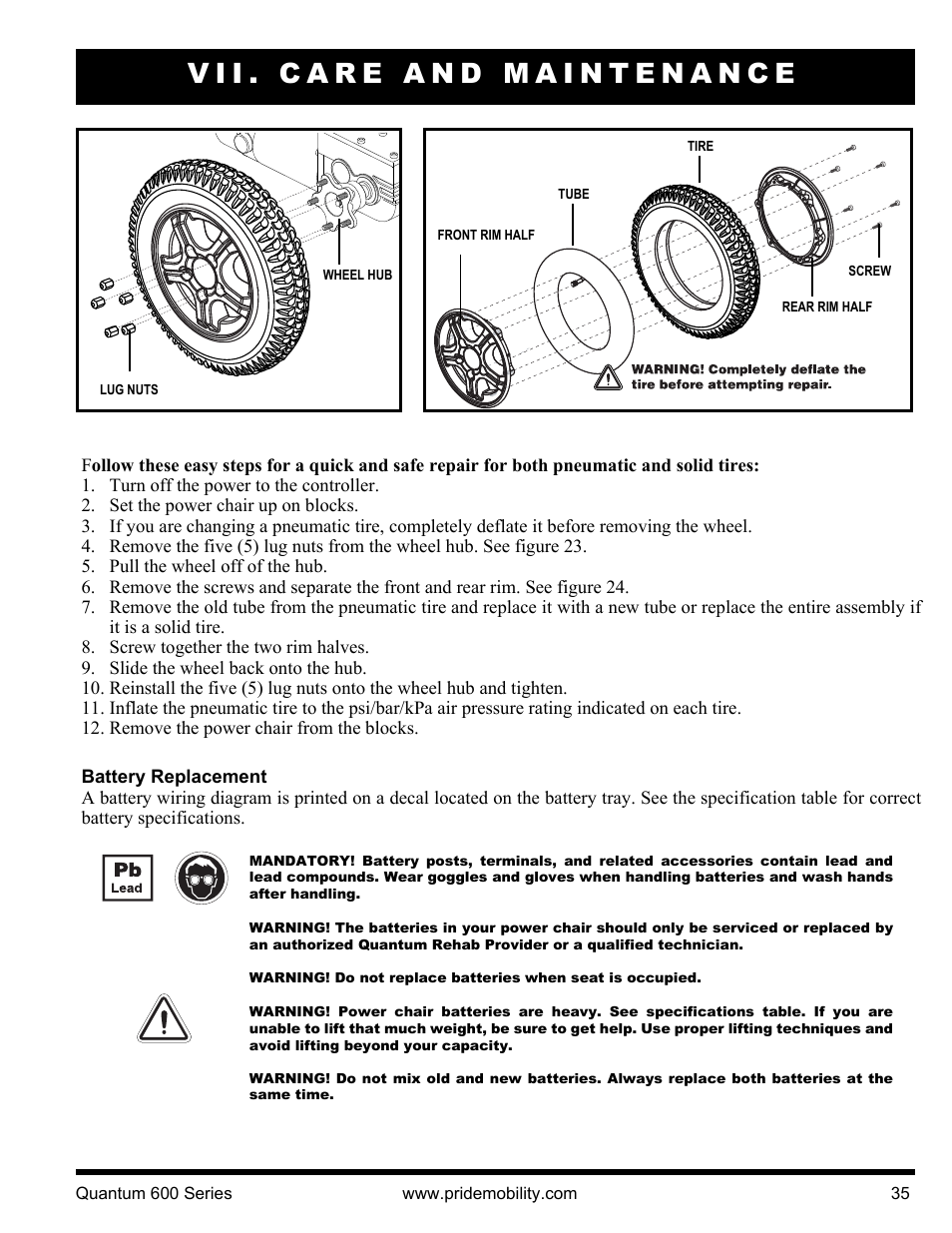 Vii. care and maintenance | Pride Mobility QUANTUM 600 SP User Manual | Page 35 / 43