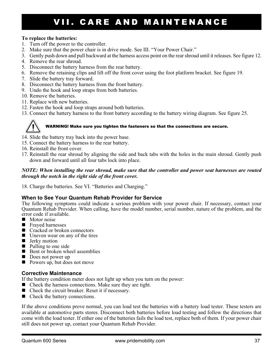 Vii. care and maintenance | Pride Mobility QUANTUM 600 SP User Manual | Page 37 / 43