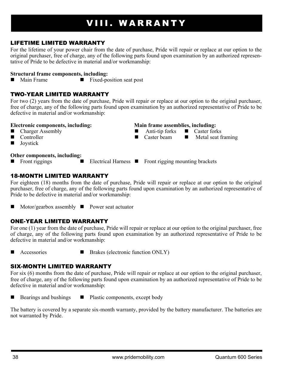 Viii. warranty | Pride Mobility QUANTUM 600 SP User Manual | Page 38 / 43