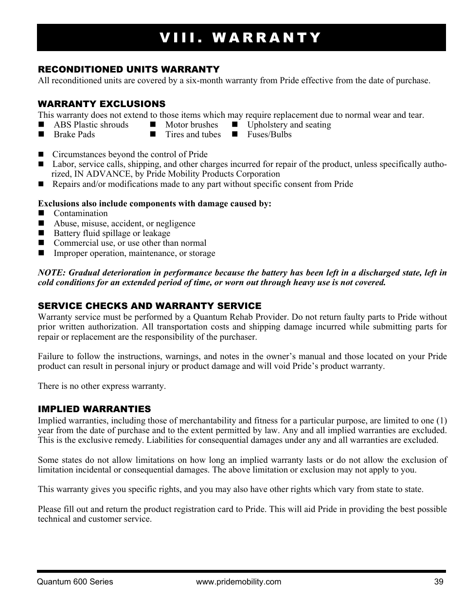 Viii. warranty | Pride Mobility QUANTUM 600 SP User Manual | Page 39 / 43