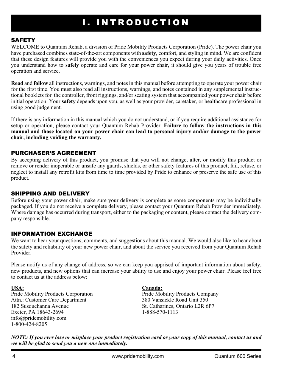 I. introduction | Pride Mobility QUANTUM 600 SP User Manual | Page 4 / 43
