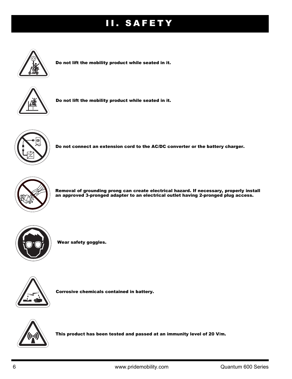 Ii. safety | Pride Mobility QUANTUM 600 SP User Manual | Page 6 / 43