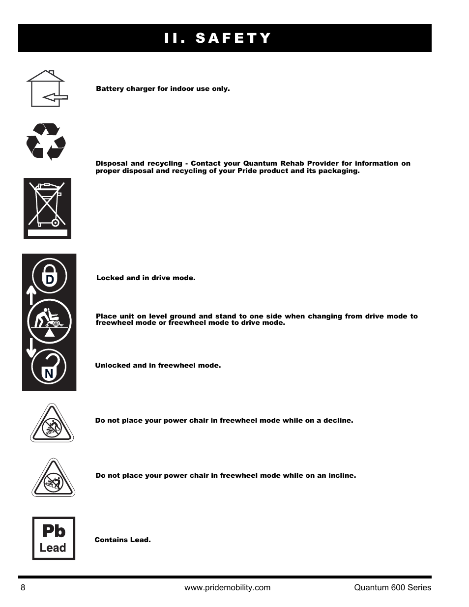 Ii. safety | Pride Mobility QUANTUM 600 SP User Manual | Page 8 / 43