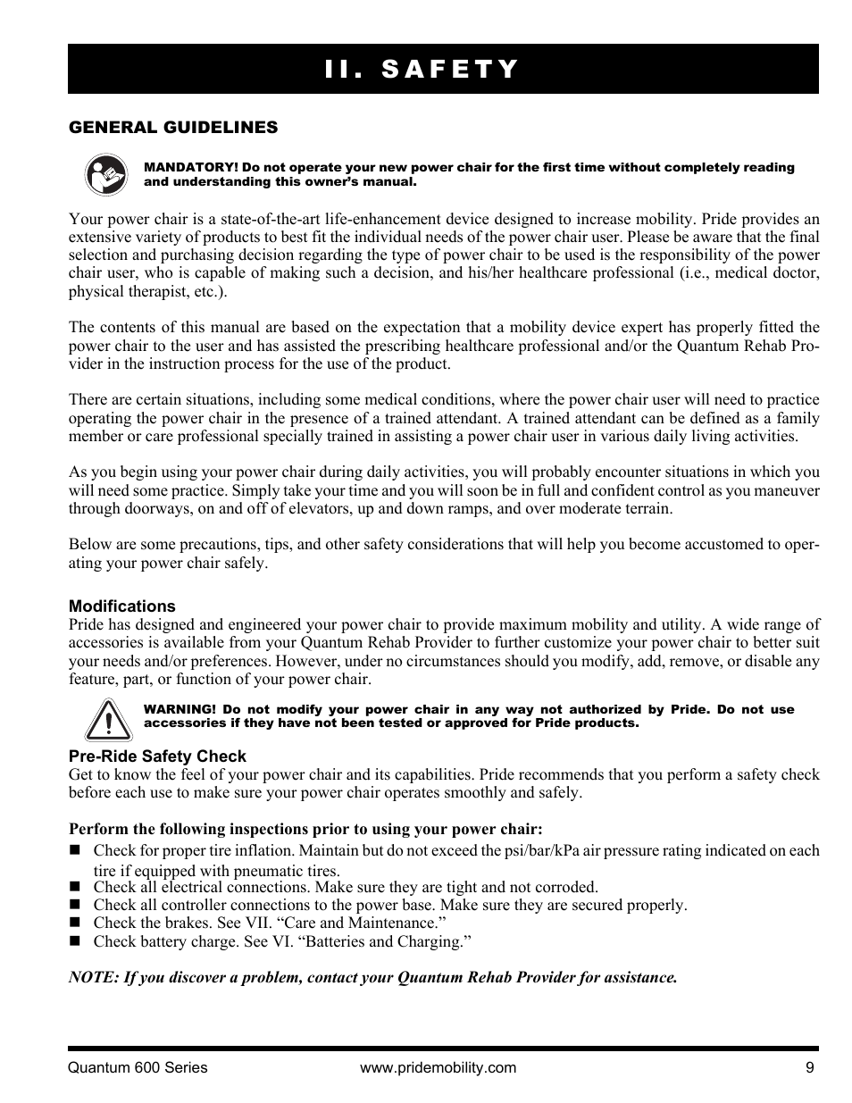 Ii. safety | Pride Mobility QUANTUM 600 SP User Manual | Page 9 / 43