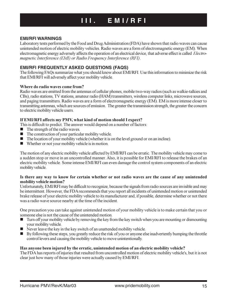 I i i . e m i / r f i | Pride Mobility PMV5000 User Manual | Page 15 / 43