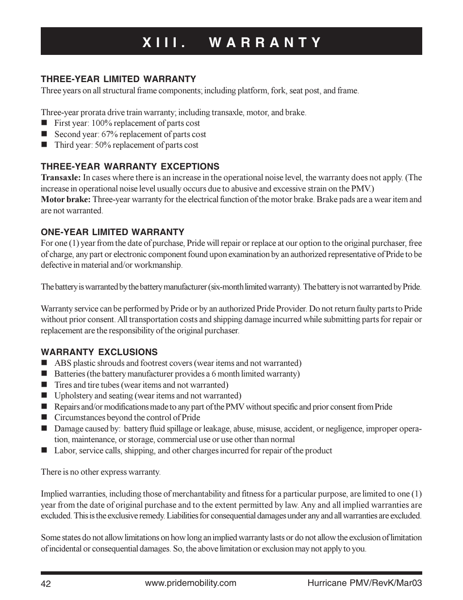 Pride Mobility PMV5000 User Manual | Page 42 / 43