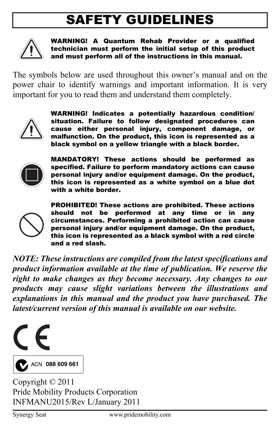 Safety guidelines | Pride Mobility ACN# 088 609 661 User Manual | Page 2 / 44