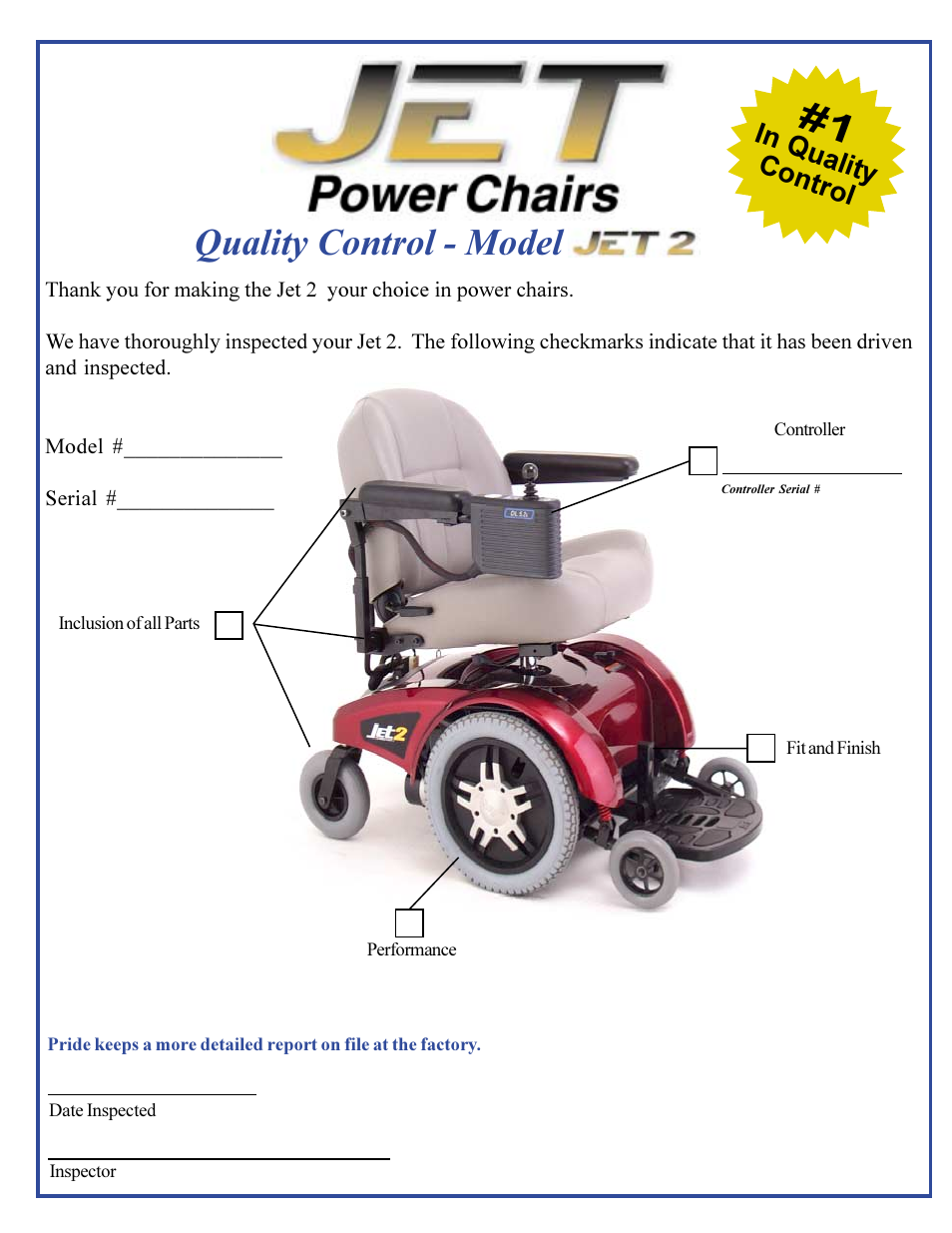 Quality control - model | Pride Mobility JET2 User Manual | Page 43 / 43