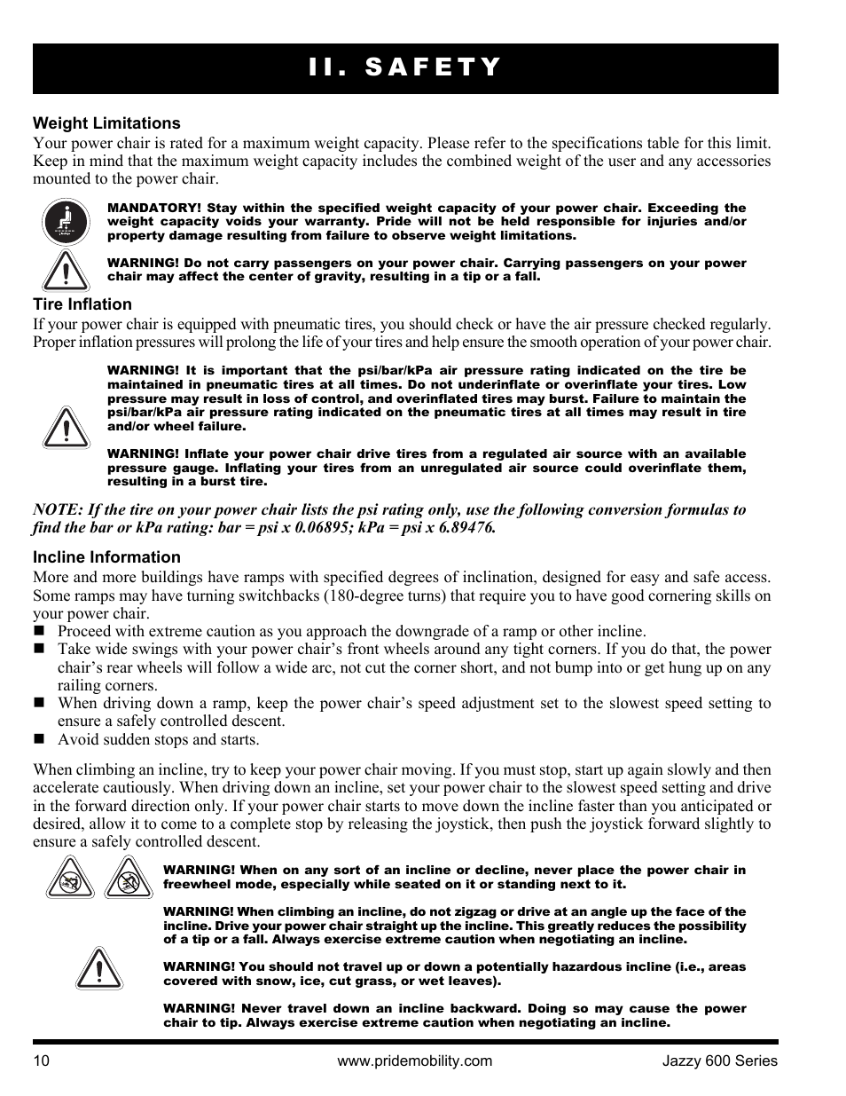 Ii. safety | Pride Mobility Jazzy 600 3SP User Manual | Page 10 / 44