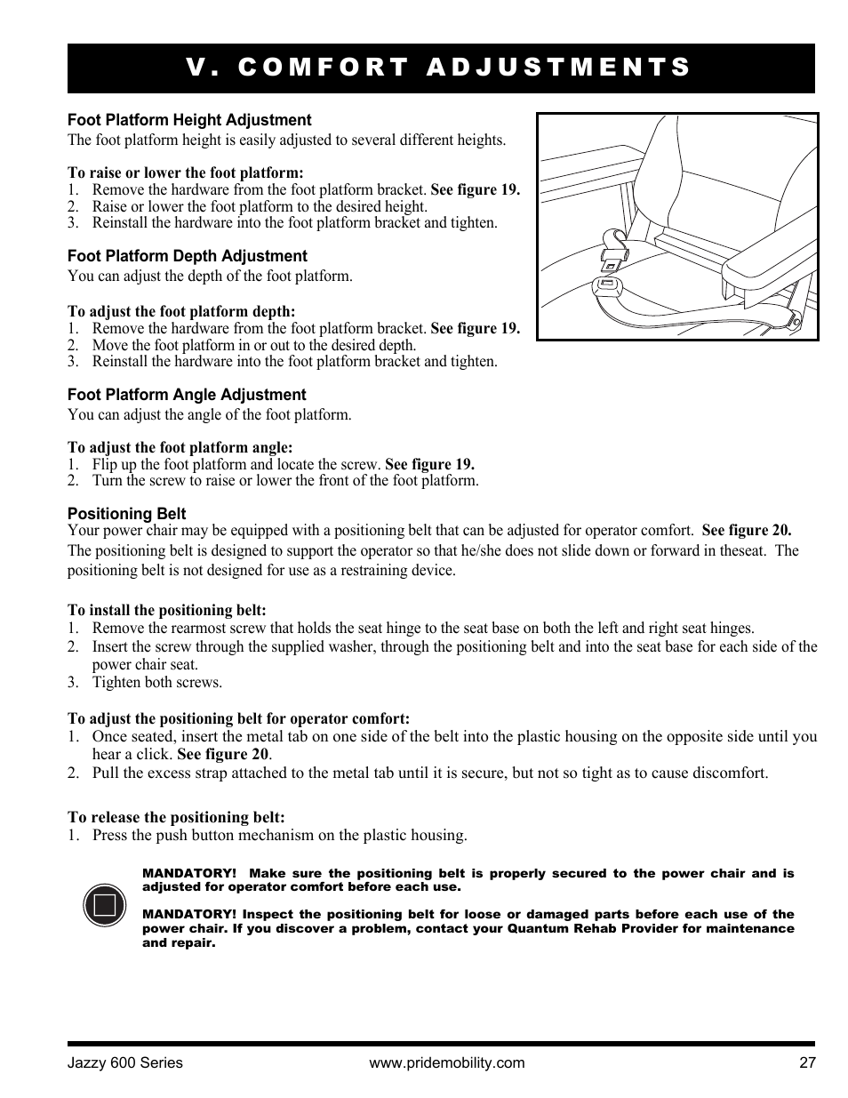 V. comfort adjustments | Pride Mobility Jazzy 600 3SP User Manual | Page 27 / 44