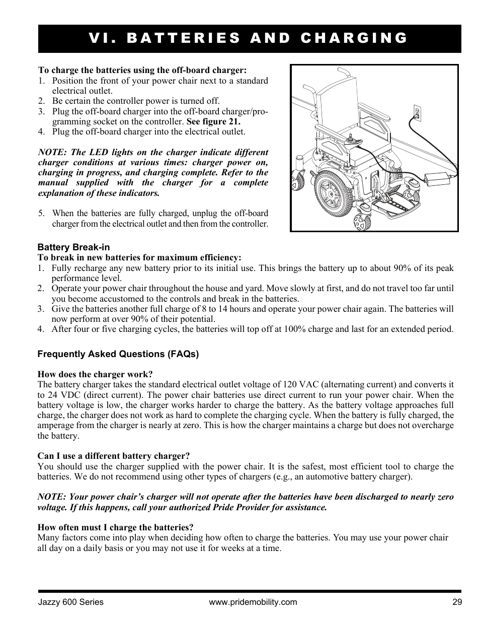 Vi. batteries and charging | Pride Mobility Jazzy 600 3SP User Manual | Page 29 / 44