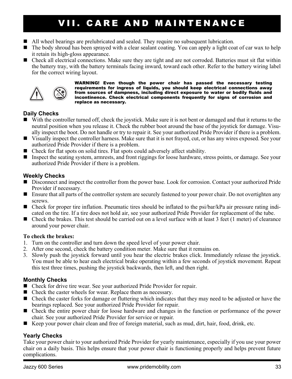 Vii. care and maintenance | Pride Mobility Jazzy 600 3SP User Manual | Page 33 / 44