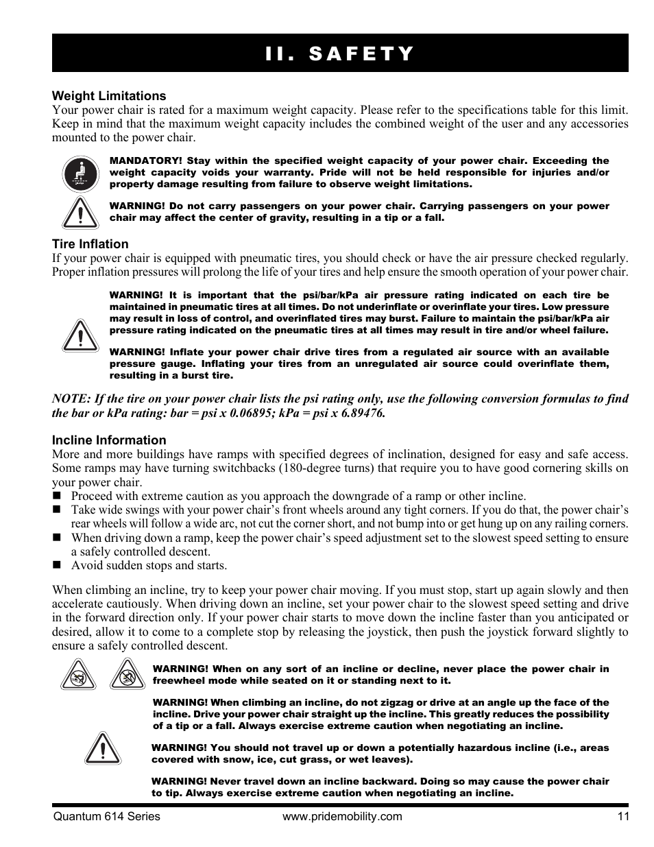 Ii. safety | Pride Mobility Quantum 614 3S User Manual | Page 11 / 44