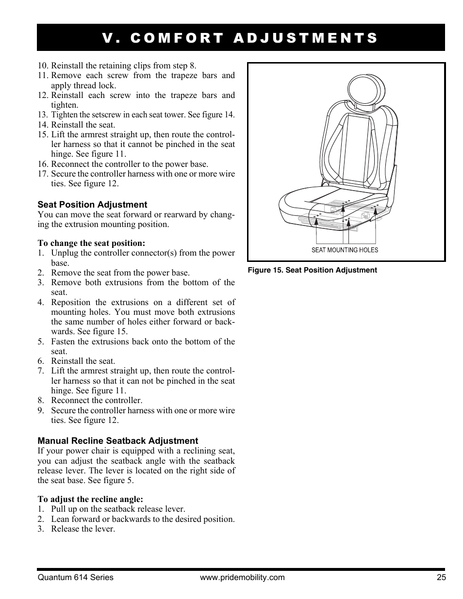 V. comfort adjustments | Pride Mobility Quantum 614 3S User Manual | Page 25 / 44