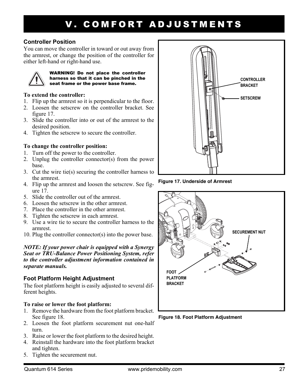 V. comfort adjustments | Pride Mobility Quantum 614 3S User Manual | Page 27 / 44