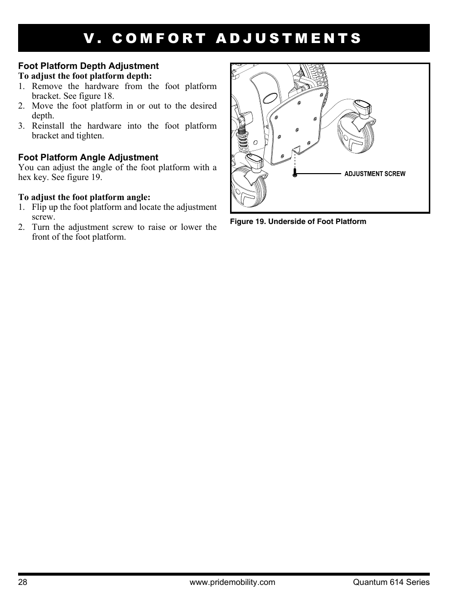 V. comfort adjustments | Pride Mobility Quantum 614 3S User Manual | Page 28 / 44