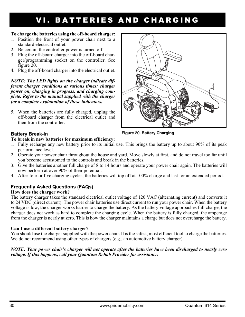 Vi. batteries and charging | Pride Mobility Quantum 614 3S User Manual | Page 30 / 44