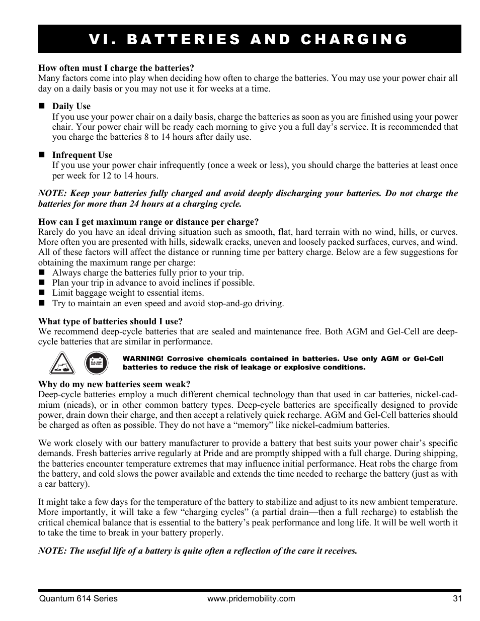 Vi. batteries and charging | Pride Mobility Quantum 614 3S User Manual | Page 31 / 44