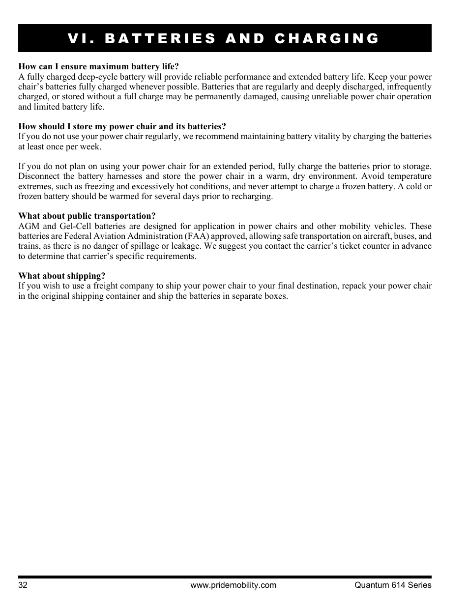 Vi. batteries and charging | Pride Mobility Quantum 614 3S User Manual | Page 32 / 44