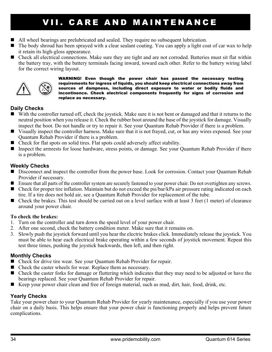 Vii. care and maintenance | Pride Mobility Quantum 614 3S User Manual | Page 34 / 44