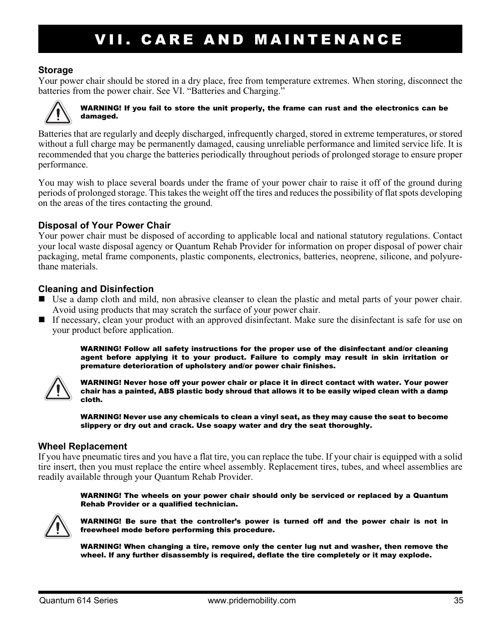 Vii. care and maintenance | Pride Mobility Quantum 614 3S User Manual | Page 35 / 44