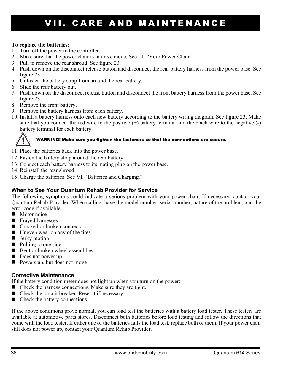 Vii. care and maintenance | Pride Mobility Quantum 614 3S User Manual | Page 38 / 44