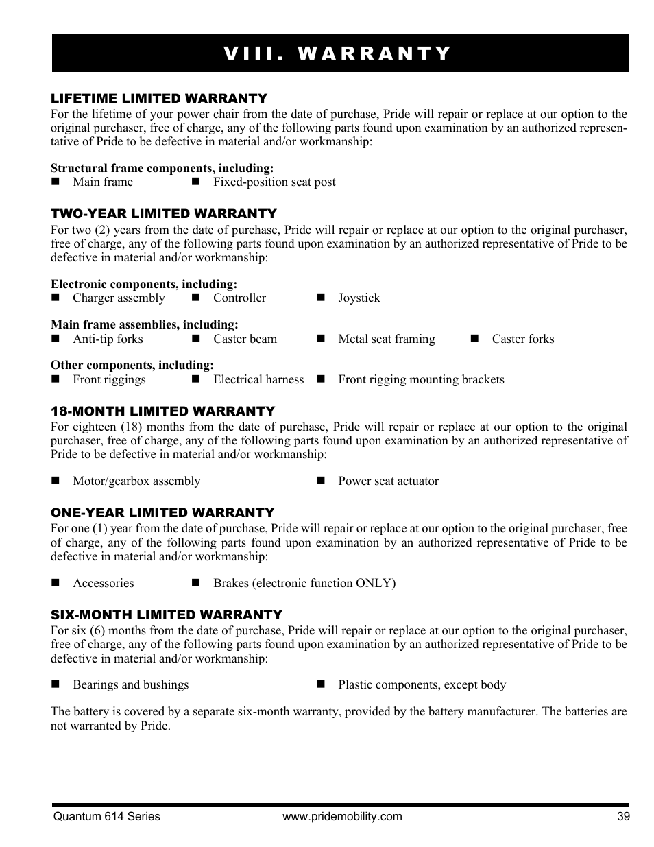 Viii. warranty | Pride Mobility Quantum 614 3S User Manual | Page 39 / 44