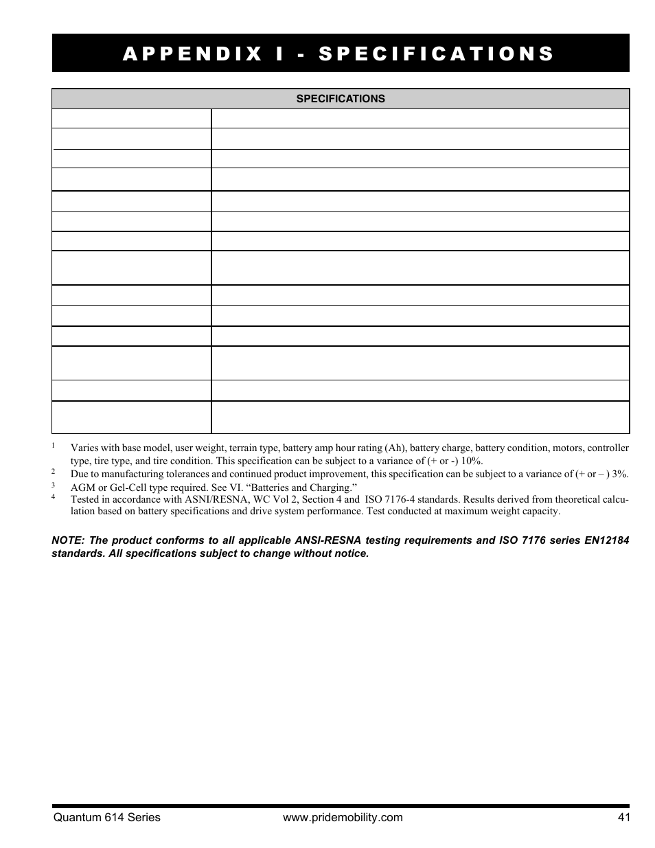 Appendix i - specifications | Pride Mobility Quantum 614 3S User Manual | Page 41 / 44