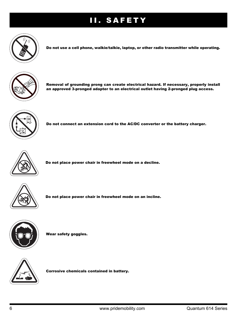 Ii. safety | Pride Mobility Quantum 614 3S User Manual | Page 6 / 44