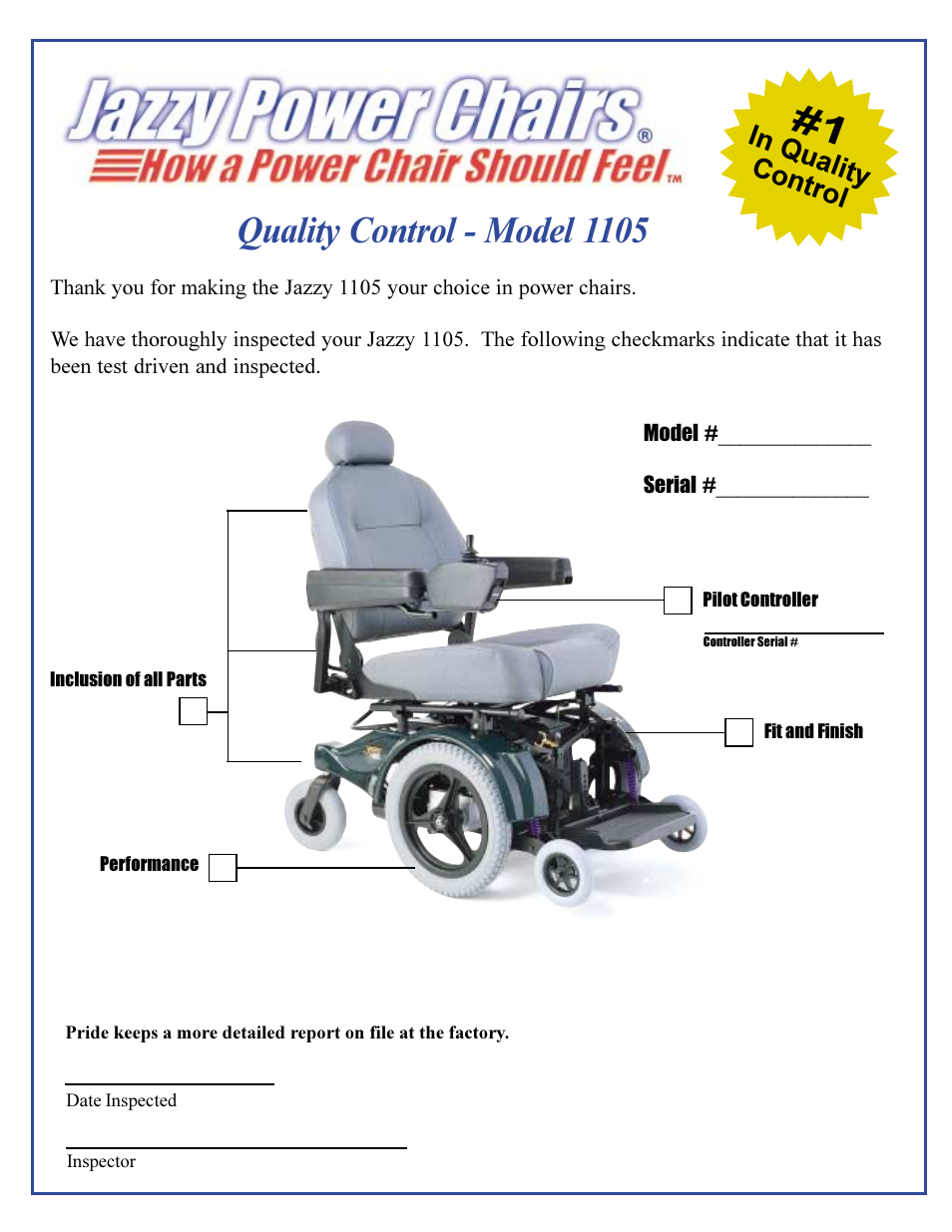 Quality control - model 1105 | Pride Mobility Jazzy 1105 User Manual | Page 47 / 47