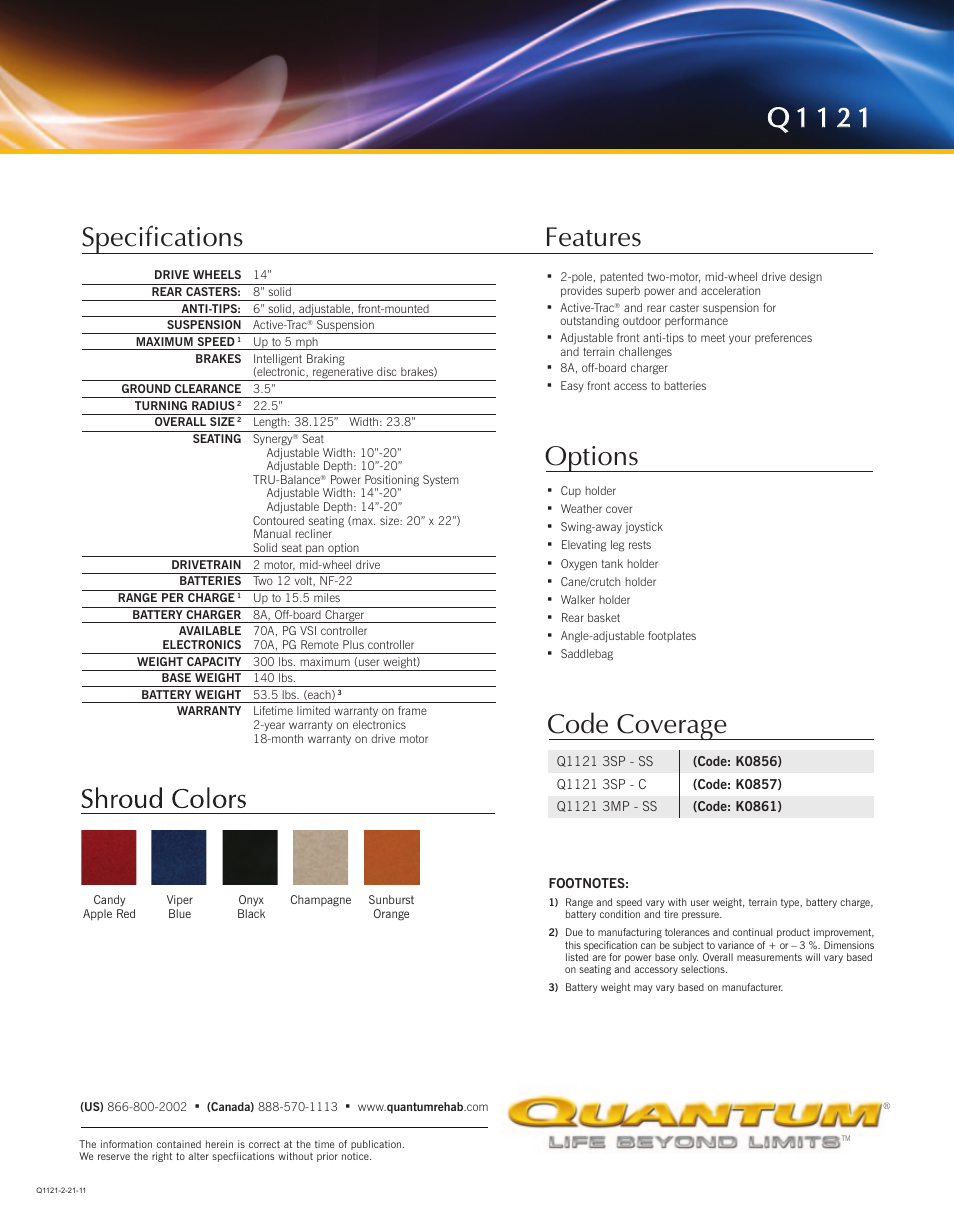 Q 1 1 2 1, Specifications features options, Code coverage | Pride Mobility SERIES POWER CHAIRS Quantum 1121 User Manual | Page 2 / 2